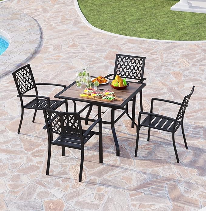 PHI VILLA Metal Outdoor Patio Dining Chairs and 37"x37" Wood-Like Square Table Furniture Set of 5