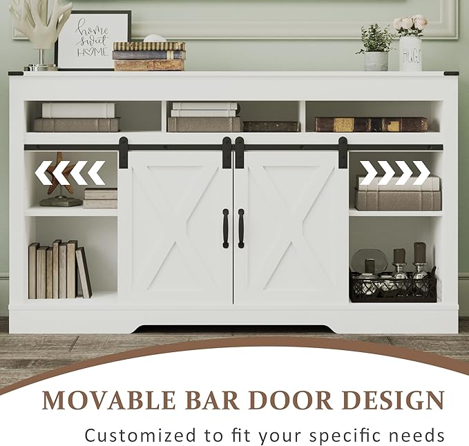 Farmhouse White Stand for TVs up to 65+ Inch Tall Entertainment Center with Sliding Barn Door, Console Storage Cabinet for Bedroom, Living Room