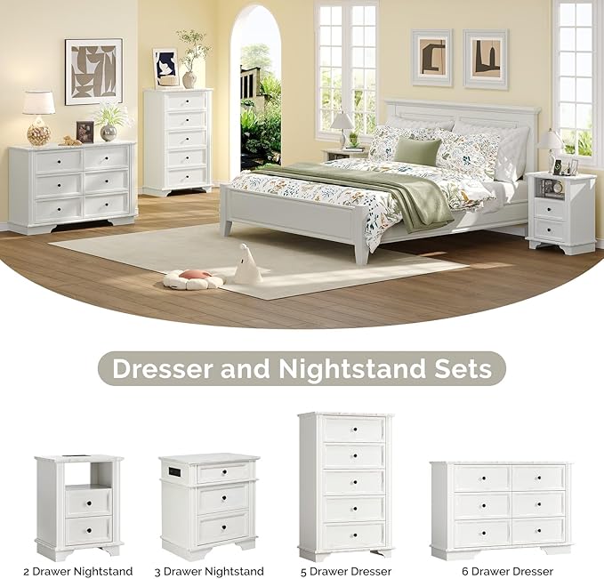 VINGLI White Dresser, 47" Tall Dresser Wood, 5 Drawer Dressers for Bedroom, White Chest of Drawers