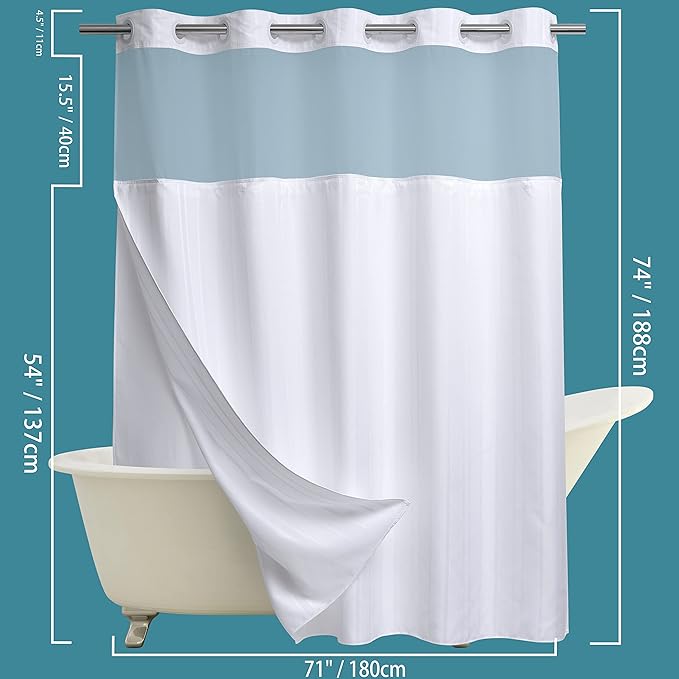 Conbo Mio No Hook Waffle Weave Shower Curtain with Snap in Liner Set, Hotel Luxury White Shower Curtains for Bathroom with See Through Top Window, Waterproof, Washable 71W x 74H Stripe