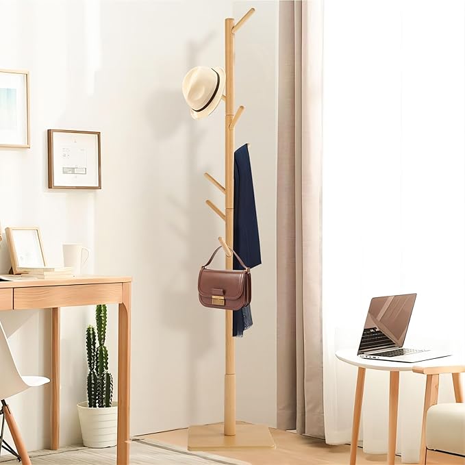 Coat Rack Freestanding with Stable Square Base for Cloathes, Hat, Used in Bedroom, Office and Entryway, Sturdy and Easy Assembly Coat Tree with 3 Adjustable Sizes and 8 Hooks, Natural