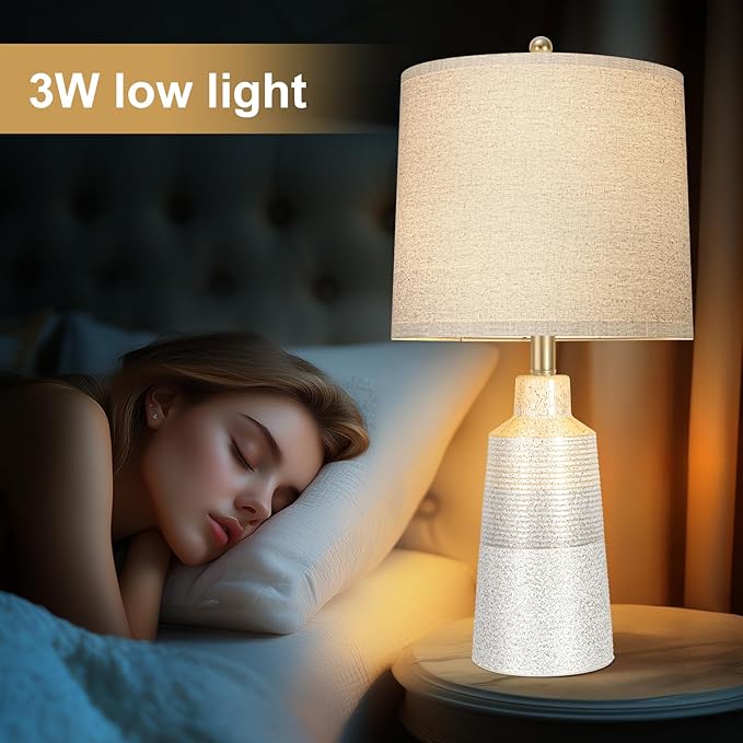 24.5" Ceramic Table Lamps Set of 2 for NightStand,Lamps for Living Room with 3-Way Dimmable Bulb,Rotary Switch,Modern Table Lamp with Linen Shade,Bedside Lamps of Set 2 for Bedrooms(Bulb Included)