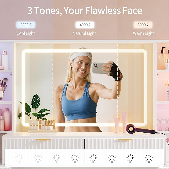 Big Vanity, 59.1" Fluted Wood Makeup Vanity Desk with Mirror and Sound Sync LED Lights, Large Vanity Dressing Table, 8 Drawers, 2 Glass Cabinets, with Charging Station for Girls, Women (White)