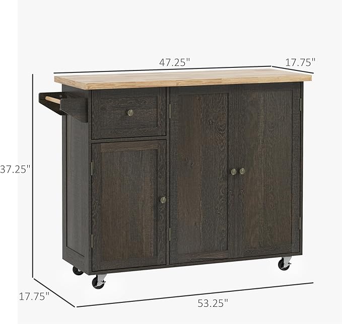 HOMCOM Triple-Cabinet Rolling Kitchen Island on Wheels, Kitchen Cart with Storage Shelf Adjustment, Rolling Utility Cart with Wood Top, Towel Rack, Big Drawer, Distressed Brown