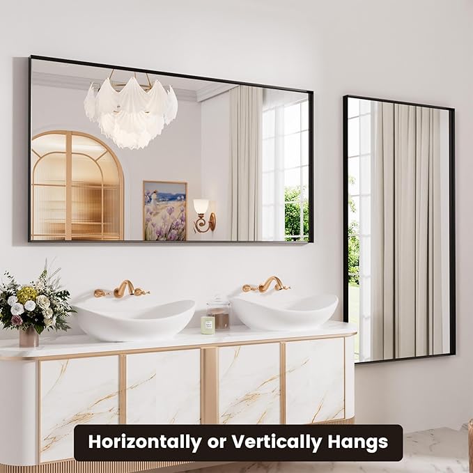 Bathroom Mirror Black,60x36 Inch Large Matte Black Bathroom Vanity Mirror,Rectangle, Square Corner, Anti-Rust,Shatter-Proof, Bedroom, Living Room, Entryway, Wall-Mounted(Horizontal/Vertical)