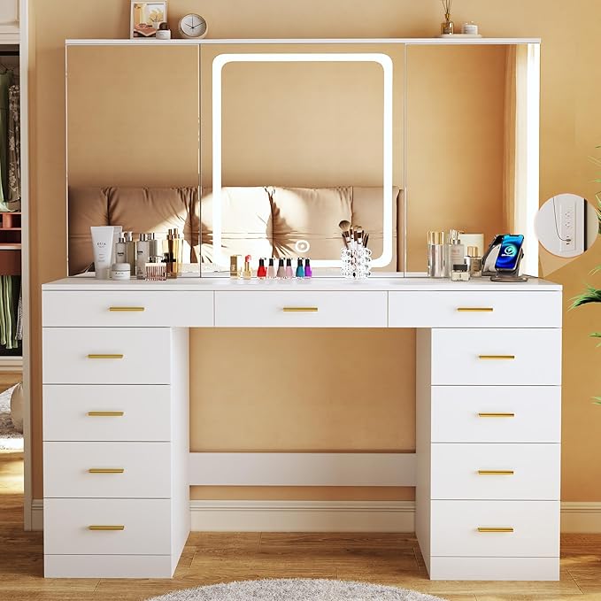 Makeup Vanity Desk with Lights, 47.2" Vanity Desk with 11 Storage Drawers and Hidden Storage Shelves, White Vanity with Charging Stations & 3 LED Lighting Modes Adjustable, for Bedroom