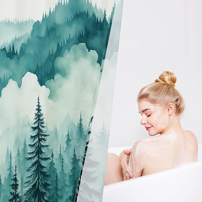 Teal Blue Misty Pine Forest Shower Curtain, Mountain Foggy Woodland Scenery Tree Shower Curtains for Chic Rustic Bathroom, Turquoise Abstract Waterproof Nature-Themed Decor, 72x72 Inches