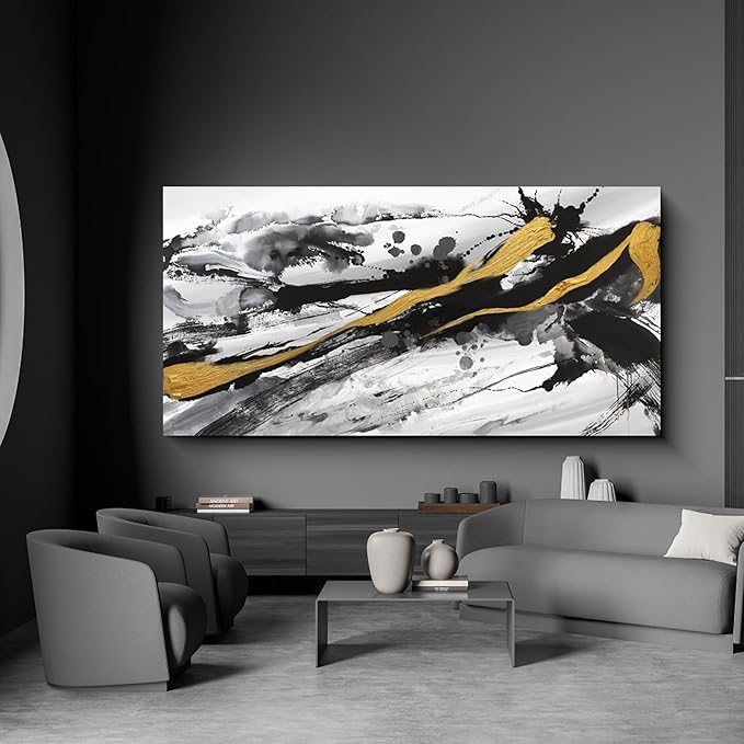 XLSJERST Black and White Abstract Wall Art - Canvas Wall Art for Living Room Bedroom Modern Gold Ink Painting Style Picture Artwork for Wall Decor Size 29x58 Inches