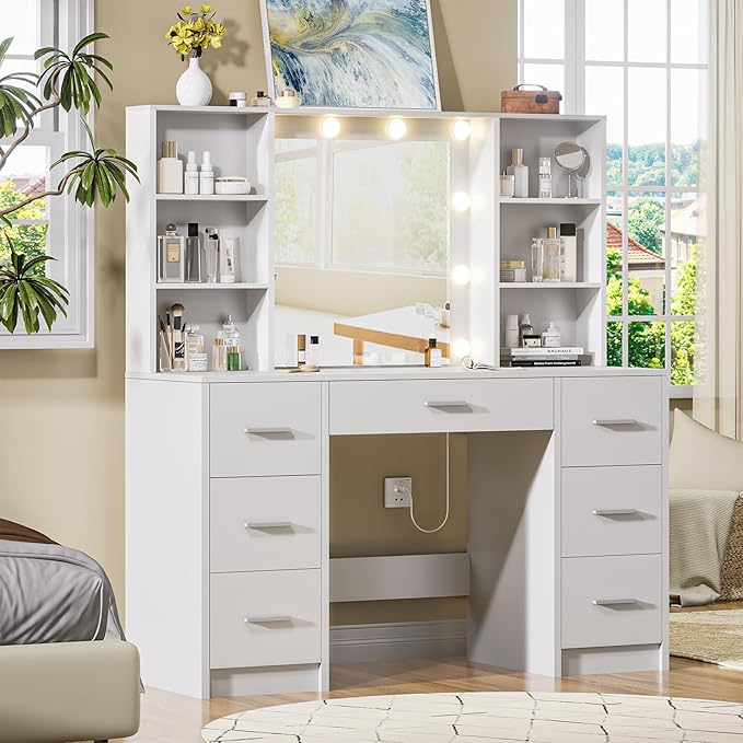 Makeup Vanity Desk with Mirror,10 Lights and Power Strip,Large Makeup Vanity with Shelves and 7 Drawers, Vanity Desk Dressing Table with 3 Color Adjustable Light,Vanity Table (White)