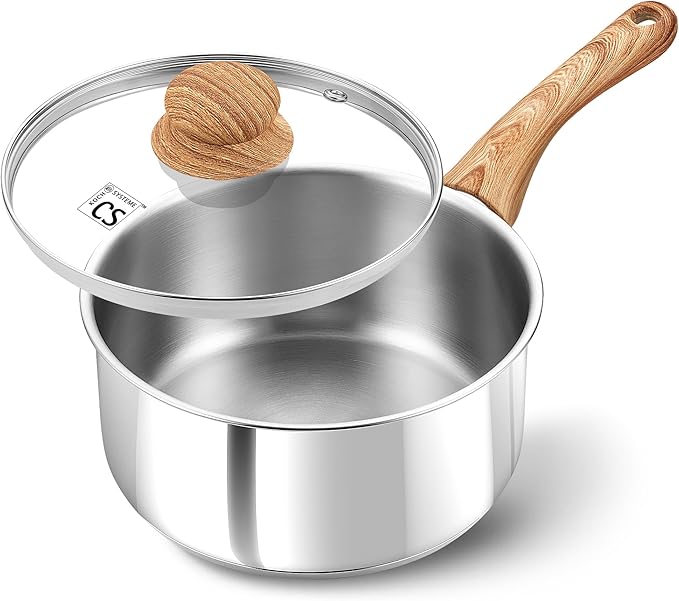 KOCH SYSTEME CS Stainless Steel Saucepan, Durable 1QT Stainless Steel Pot with Triple-Layer Base, Sauce Pan with Lid & Stay-Cool Handle, Small Pot 1 Quart, Induction Compatible