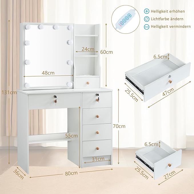 Vanity Desk with Mirror and Lights, Makeup Vanity Table with 3 Lighting Modes and Brightness Adjustable, Girls Makeup Desk with Stool and 6 Drawers for Bedroom, White