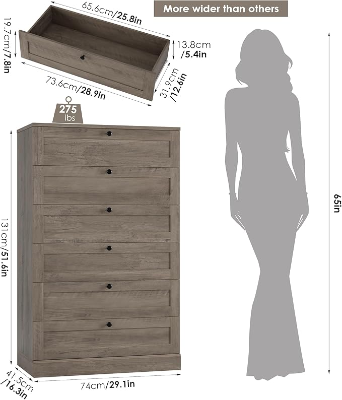 HOSTACK 6 Drawer Dresser for Bedroom, 52" Tall Dresser & Chest of Drawers, 29" W Wood Drawer Chest, Modern Vertical Storage Cabinet for Living Room, Entryway, Hallway