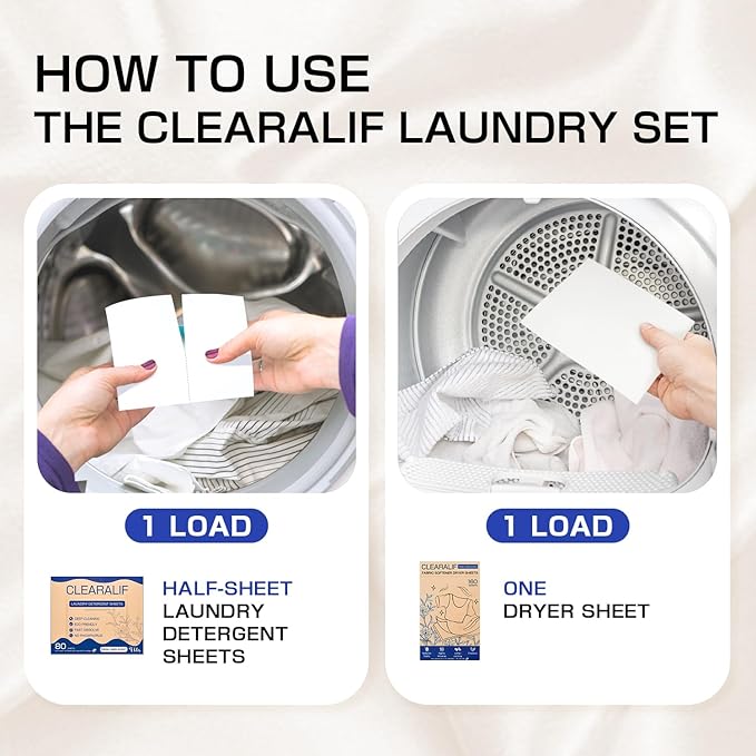 Clearalif All in One Laundry Detergent Sheets Kit, Fresh Linen Scent, 160 Loads Laundry Sheets + 160 Drying Sheets, Laundry Set Great for Travel, Softener Sheets Eco Package Friendly & Hypoallergenic