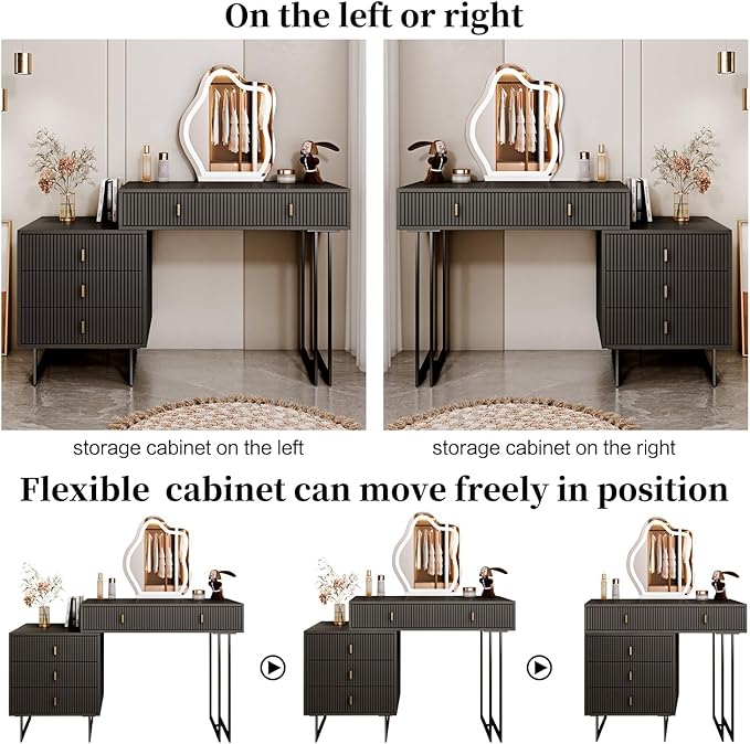 Black Vanity Desk with Mirror and Lights,Small Makeup Vanity with 5 Drawers, Modem Makeup Table with Adjustable Cabinet for Bedroom,Makeup Room