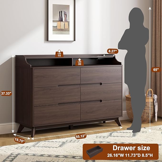 Dresser for Bedroom with 6 Drawers, 55" Large Dresser & Chest of Drawers with Charging Station, Wood Closet Clothes Storage Long Dressers Organizer for Bedroom Living Room Hallway (Brown)