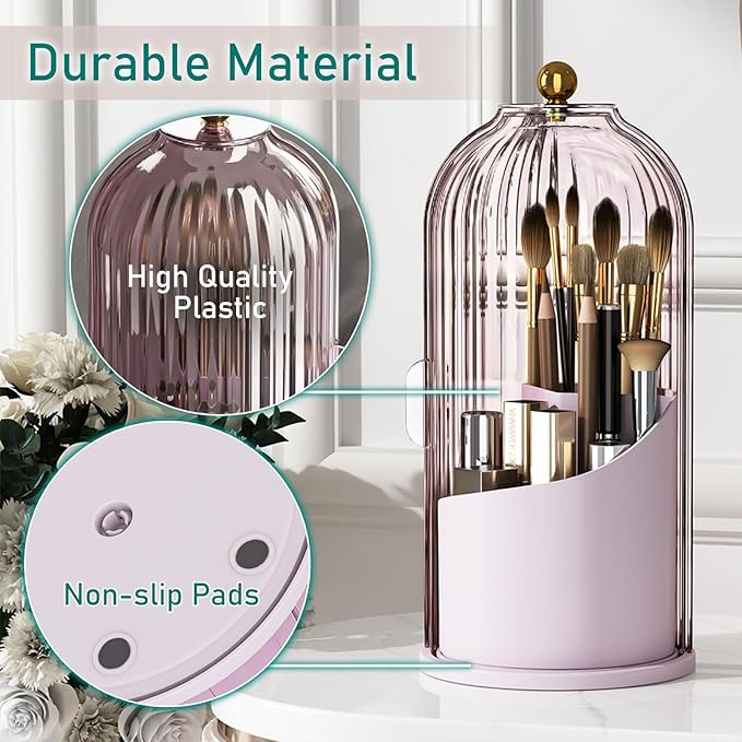 GAXmi Makeup Brush Holder with Lid Cosmetic Tools Organizer 360 Rotating Waterproof Dustproof Beauty Brushes Storage for Vanity, Pink-Purple