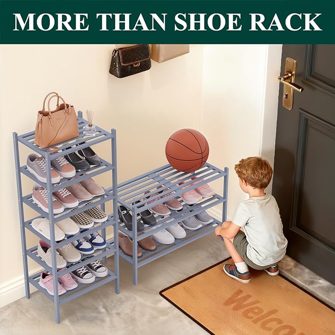Smiry Bamboo Shoe Rack 3-Tier, Stackable Wooden Shoe Organizer for Entryway & Closet, Free Standing Wood Shoe Storage Shelf for Front Door & Small Spaces, Grey