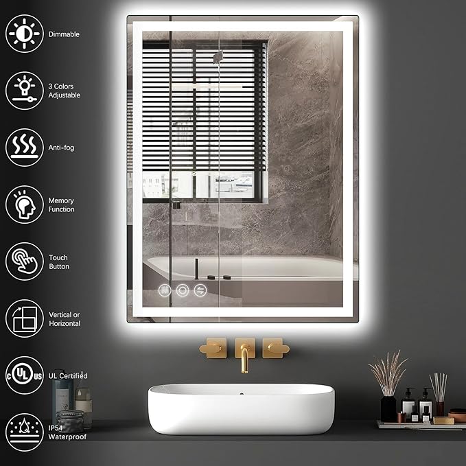 LED Bathroom Mirror 24"x 32" with Stepless Dimmable Wall Mirrors with Anti-Fog, Dimmable CRI>90, Vanity Mirror with 3 Color Modes, Shatter-Proof, Memory Bathroom Mirror with LED Lights