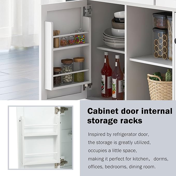 Rolling Mobile Kitchen Island Cart Breakfast Bar with Wood Top, Door Internal Storage Racks, 3 Drawers and 5 Wheels for Dining Room