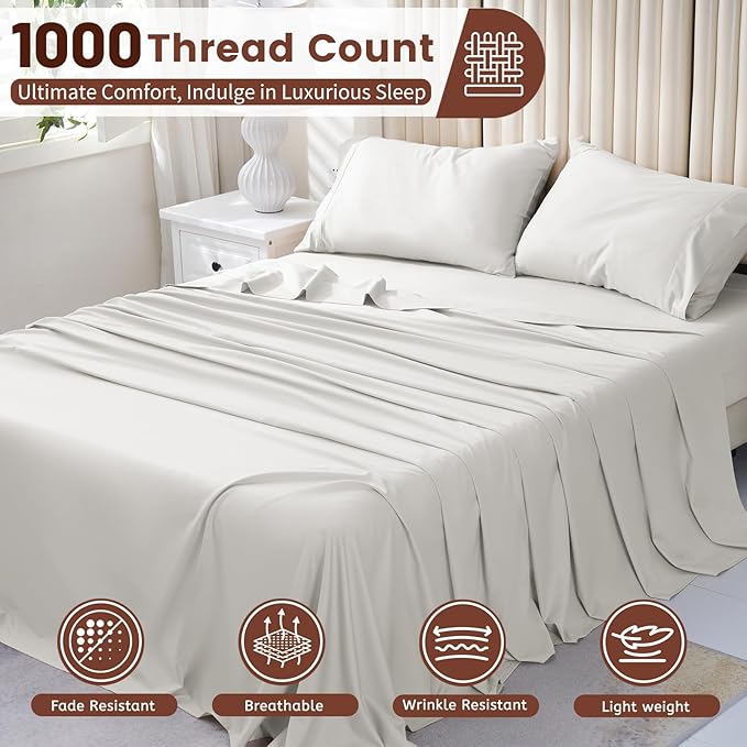 Bedlifes 1000 Thread Count 100% Egyptian Cotton California King Size Sheets Set - Sateen Soft Silky Breathable Luxury Cooling 4 Pieces (Linen)