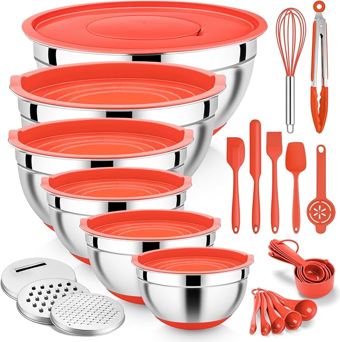 E-far Mixing Bowls with Lid Set, 25PCS Stainless Steel Nesting Prep Bowls with Grater Attachments Utensils Non-Slip Bottoms for Cooking, Baking, Serving, Food Storage, 4.6/2.6/2/1.5/1/0.7QT - Red