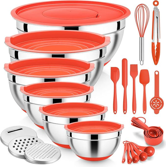 E-far Mixing Bowls with Lid Set, 25PCS Stainless Steel Nesting Prep Bowls with Grater Attachments Utensils Non-Slip Bottoms for Cooking, Baking, Serving, Food Storage, 4.6/2.6/2/1.5/1/0.7QT - Red