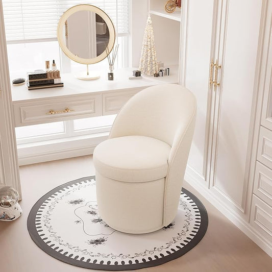 YOUNIKE Vanity Bench Boucle Fabric White Solid Wood Swivel Accent Chair with Backrest Easy Assembly Dressing Stool for Bedroom & Makeup Room