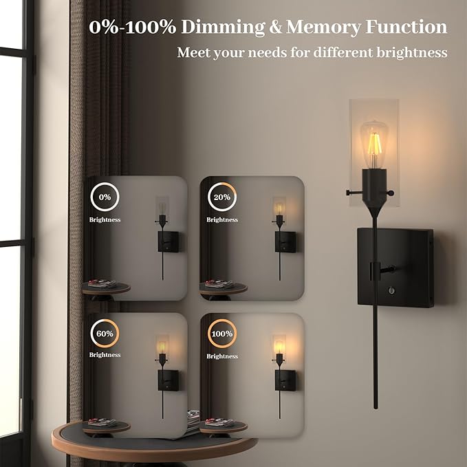 Battery Operated Wall Sconce with Remote Control, Dimmable Wall Lamp Set of 2 Rechargeable, Black Wireless Wall Mount Light for Living Room Bedroom Hallway Farmhouse, Bulb Included