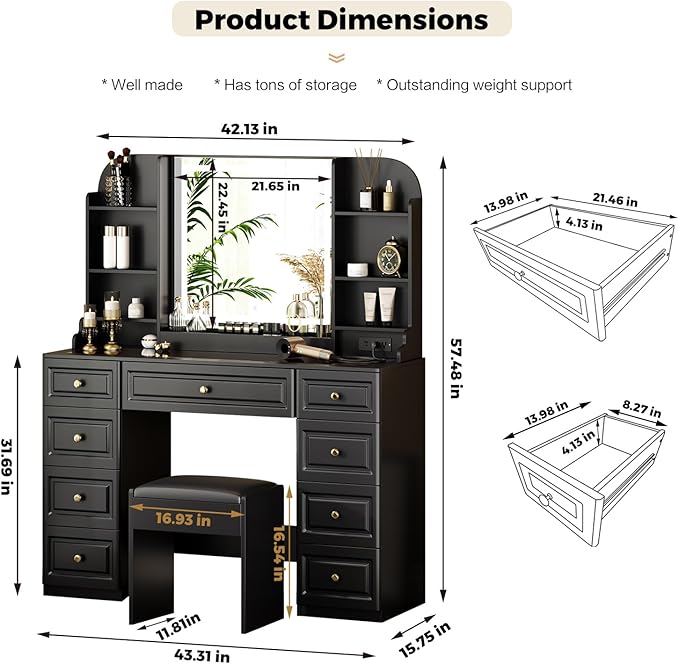 43" Makeup Vanity Desk with Mirror and Lights, & Power Outl, Glass Top Big Vanity Table with 9 Drawers& 8 Storage Shelves, Dressing Table Set with Chair for Bedroom, Black