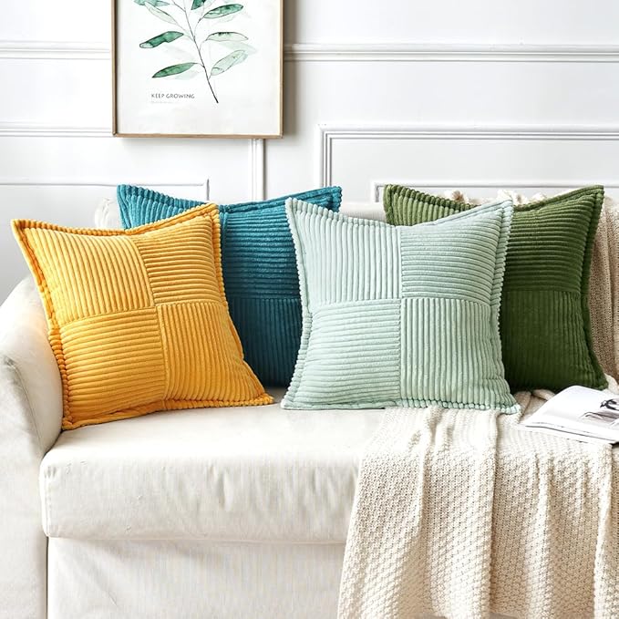 MIULEE Decorative Throw Pillow Covers for Couch Bed Livingroom 18x18 Inch Set of 2 Light Green Boho Accent Throw Pllows Broadside Striped Patchwork Soft Corduroy Summer Pillowcases