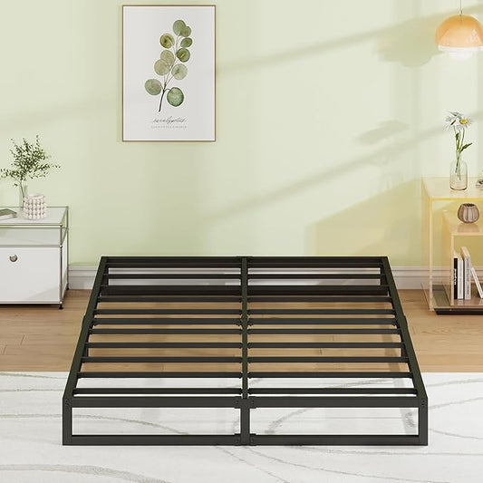 EMODA 7 Inch Queen Bed Frame No Box Spring Needed Heavy Duty Metal Platform BedFrame Queen Size with Steel Slats, Easy Assembly, Black