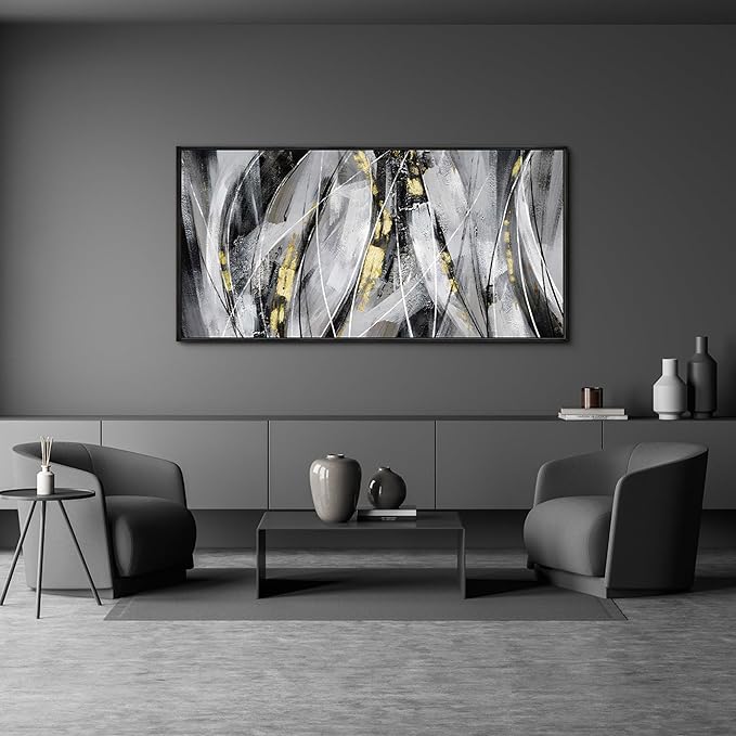 KLAKLA Abstract Frame Wall Art - Black and White Picture for Living Room Black and Gold Framed Artwork Canvas Art Work for Office Home Decor Bedroom Wall Decoration - 48x24 Inches