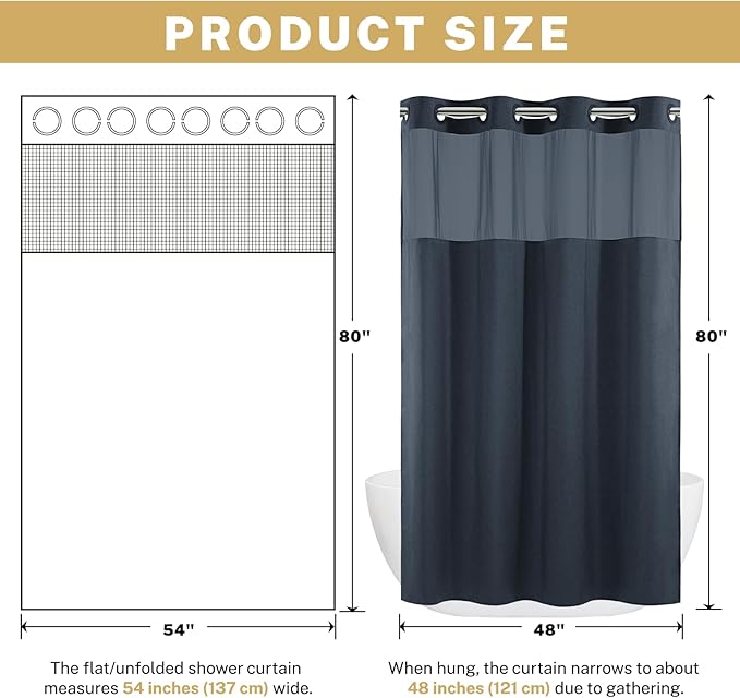 Small No Hook Shower Curtain with Snap in Liner, Polyester Textured Shower Curtain with Liner Set, Waterproof Washable Hotel Style Shower Curtains for Bathroom, 54Wx80H, Navy