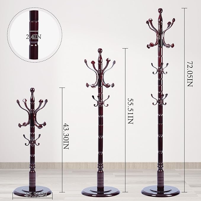 Coat Rack Stand, Solid Wooden Coat Tree with 14 Hooks, Heavy Duty Coat Rack Freestanding with Sturdy Round Base, Natural Birch Wood Coat Hanger Stand for Entryway Bedroom (Ruyi)