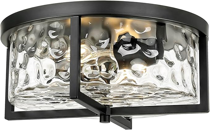 Modern Flush Mount Ceiling Light, 13" D 2-Light Industrial Close to Ceiling Lights, Hammered Glass Ceiling Light,Flush Ceiling Light for Hallway, Kitchen, Bathroom, Dining Room (Black,)