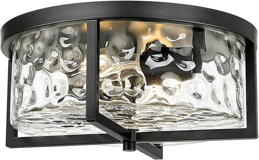 Modern Flush Mount Ceiling Light, 13" D 2-Light Industrial Close to Ceiling Lights, Hammered Glass Ceiling Light,Flush Ceiling Light for Hallway, Kitchen, Bathroom, Dining Room (Black,)