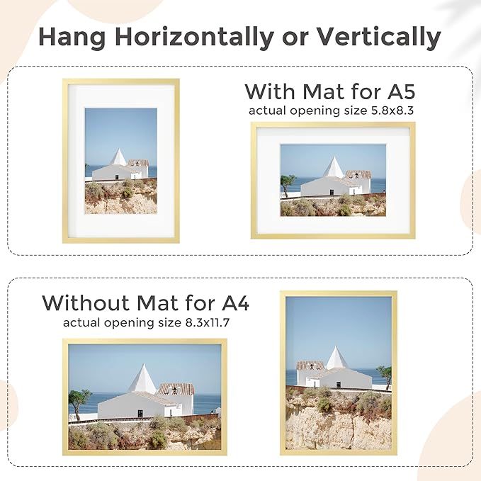 A4 Picture Frame Gold - High-End Metal 8.3 x 11.7 Frame Aluminum Frame for Wall, Photo Frame with Mat for A5, 8.25 x 11.75 Poster Frame, Certificate Frame with Glass, Wall Kit, Gold