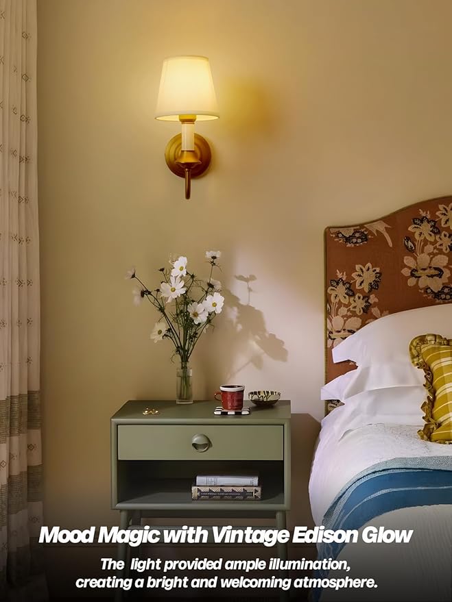 Vintage Fabric Wall Sconce Light with Curved Arm, Rustic Linen Cloth Wall Light Fixtures, Hardwired Brass Wall Mounted Lamp for Bathroom Vanity Bedroom Living Room