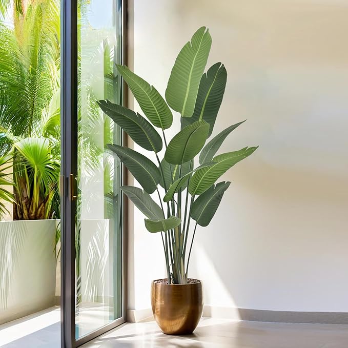 6FT Artificial Bird of Paradise Tree 70 Inch Tall Faux Silk Plants Banana Leaf with 13 Trunks in Black Pot for Home Decor Living Room Office Bedroom