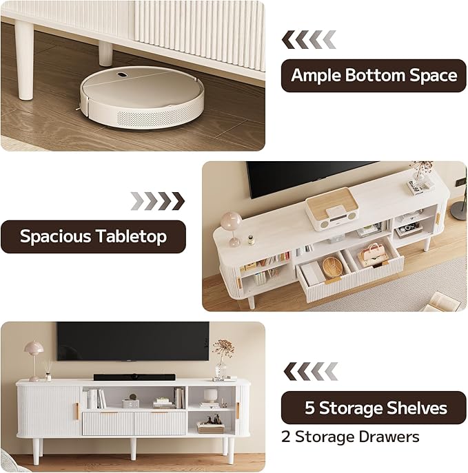 TV Stand 62.4 Inch Mid Century Modern Media Console Table with Drawer Sliding Tambour Door Farmhouse Sideboard Buffet Cabinet Fits TVs up to 75 inch Fluted Wood Entertainment Center(White)