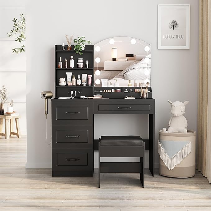 Makeup Vanity Table with Lighted Mirror & Power Strip, Vanity Set with Hair Dryer Rack, Lots Storage, 3 Lighting Modes, Brightness Adjustable, Black