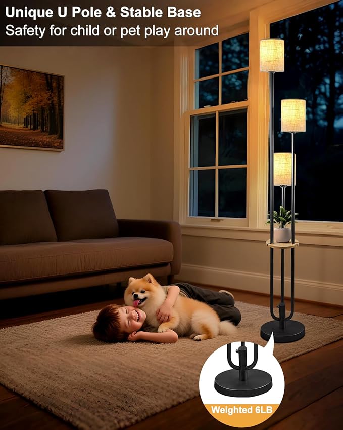 Lightdot 64Inch Floor Lamp with Table Dimmable Floor Lamp for Living Room 3000K Mid Century Modern Black Tall Standing Lamp with Shelf Candle Holder Style for Bedroom Corner(Bulbs Included)
