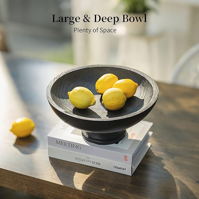 Hanobe Decorative Wood Bowl for Centerpiece: Wooden Black Pedestal Bowl Decor for Entry Way Table - Large Coffee Table Decor Dough Bowl for Fruit,Keys