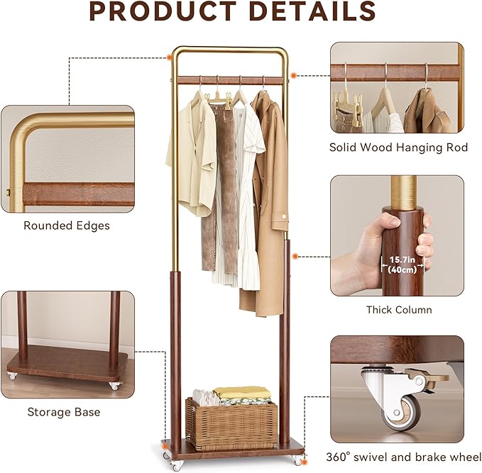 Clothes Rack Solid Wood Coat Rack, Metal and Solid Wood Combination Clothing Rack with Wheels for Entryway, Bedroom, Living Room, Coat Racks Freestanding for Hanging Clothes Garment Scarf