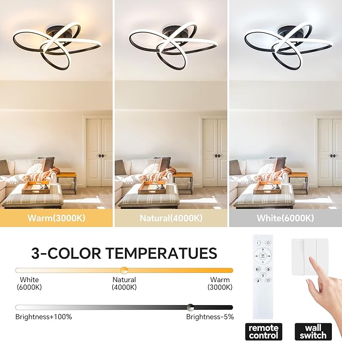 Modern LED Chandelier, 50W LED Ceiling Light with Remote Control, 3000-6000K Color Temperature Changing, Balck Chandelier for Bedroom, Entryway, Hallway, Kitchen