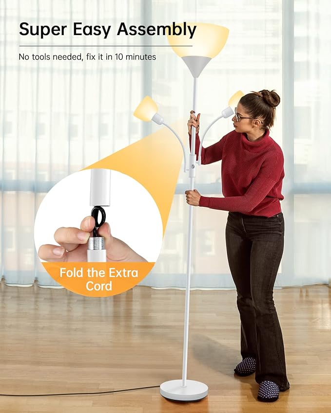 Floor Lamp Torchiere, Standing Lamp, 71" Tall Floor Lamps with Reading Light, 2700K LED Beads, 50,000hrs Lifespan, Rotary Switch, Plastic Lampshade, Bright Torch Lamps for Living Room Bedroom, White