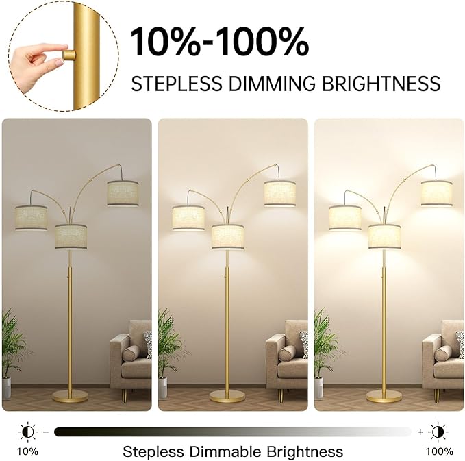 Dimmable Gold Floor Lamp, 3 Lights Arc Floor Lamps for Living Room, Modern Tall Standing Tree Lamp with White Shade & Heavy Base, Large Floor Lamp for Bedroom Office, 3x1000 LM LED Bulbs Included