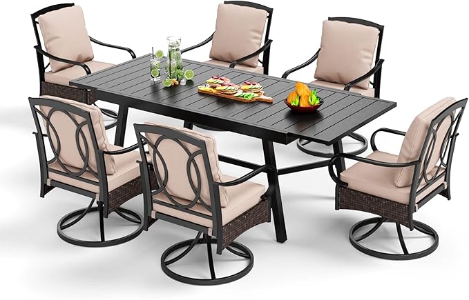 PHI VILLA 7-Piece All-Weather Outdoor Dining Set, Heavy Duty Expandable Metal Table & 6 Swivel Chairs with Cushions, Durable Patio Furniture for Deck, Backyard, Garden