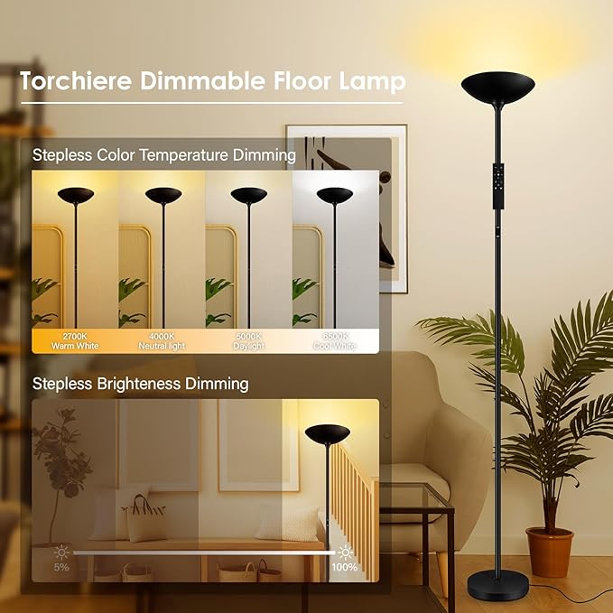 Stepless Dimmable Floor Lamp,30W 3000LM Super Bright LED Torchiere Floor Lamps with Remote & Touch Control,71 in Tall Modern Standing Lamp for Living Room Bedroom Office,2700k-6500k,Black