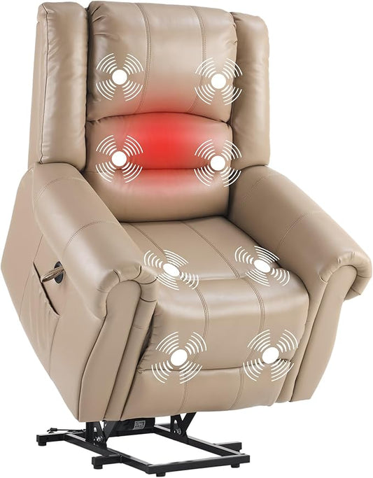 FLEXISPOT Power Lift Recliner Chair for Elderly with Massage & Heat, Faux Leather Electric Reclining Chair for Seniors with USB Ports, Cup Holders & Side Pockets(Medium Size,Light Brown